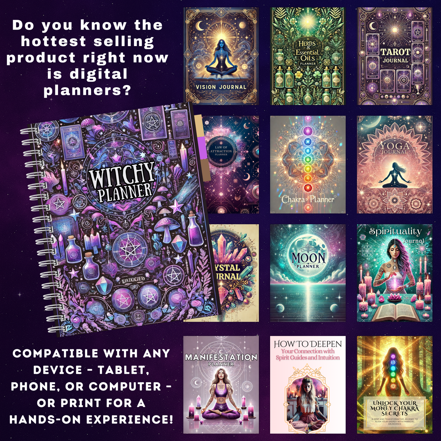 Spiritual PLR Bundle – Done-for-You Hyperlinked Digital Planners, Editable Canva Journals, Tarot, Grimoire, Witchy Templates, Passive Income