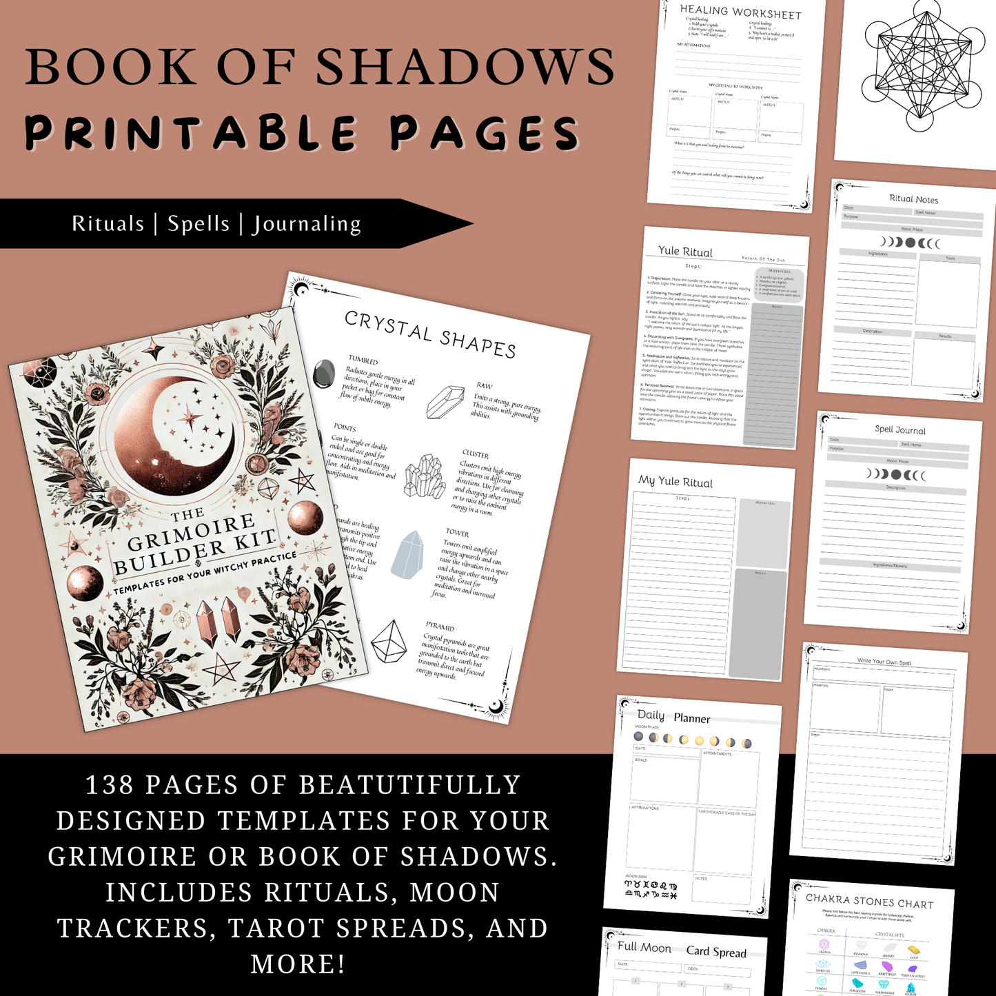 Printable Grimoire Pages, Book of Shadows Templates for Witches | Rituals, Spells, Tarot Journal, Baby Witch Bundle, Witchy Planner, Journal