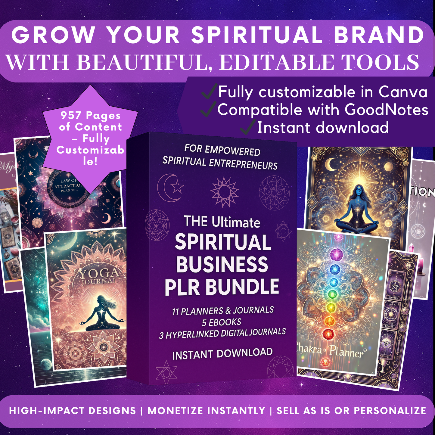 Spiritual PLR Bundle – Done-for-You Hyperlinked Digital Planners, Editable Canva Journals, Tarot, Grimoire, Witchy Templates, Passive Income