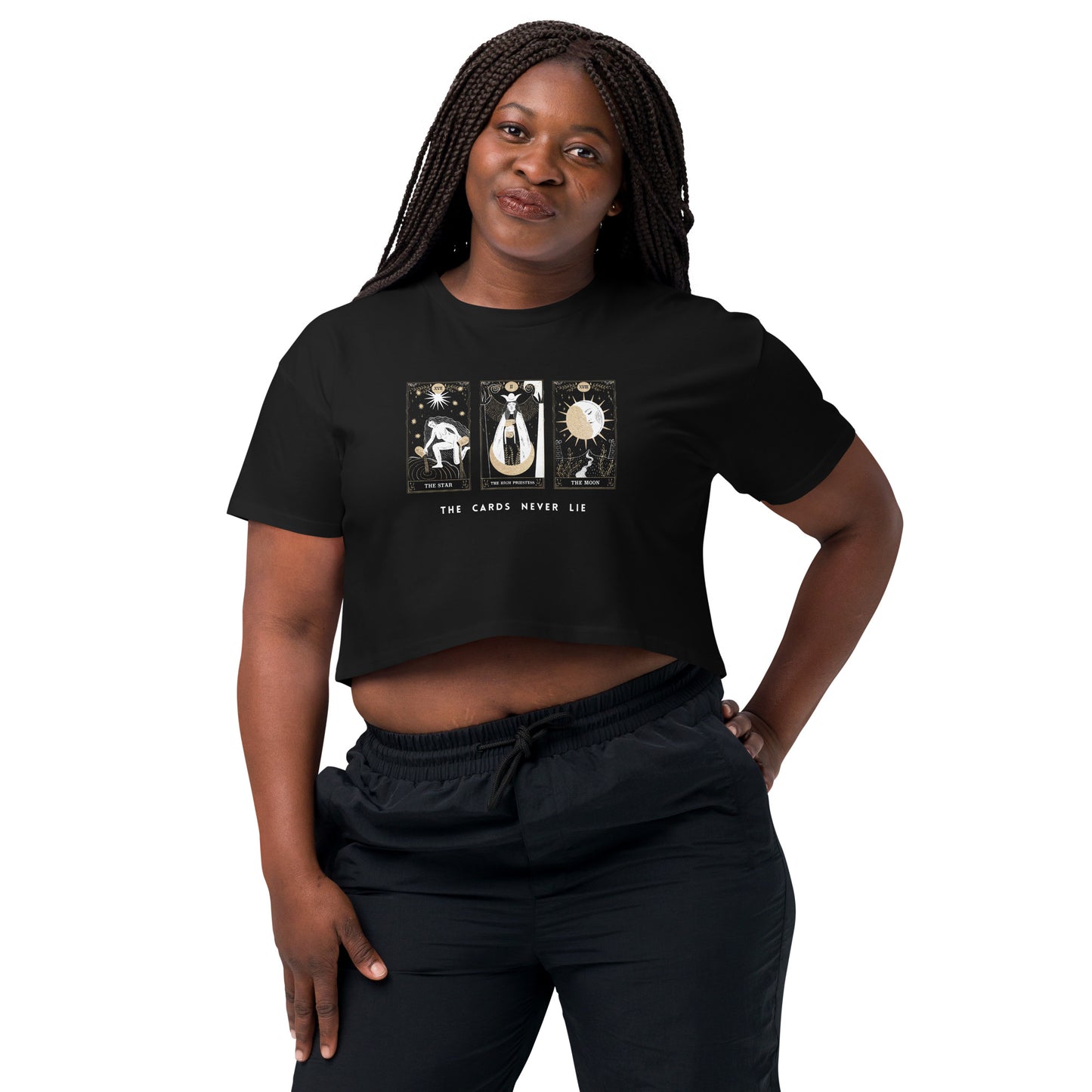 The Cards Never Lie Tarot Cards Crop Top Occult Witchy Vibes Psychic Reader Loose drop shoulder Black