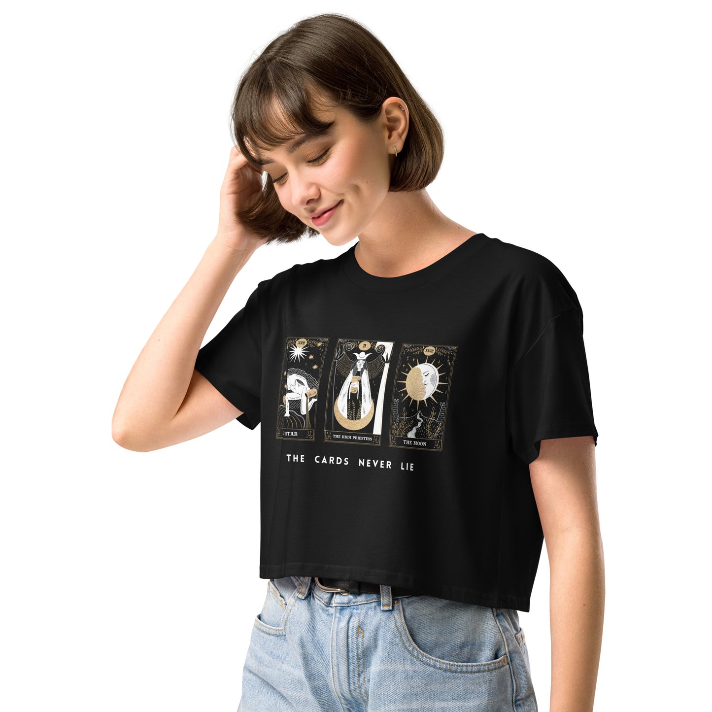 The Cards Never Lie Tarot Cards Crop Top Occult Witchy Vibes Psychic Reader Loose drop shoulder Black