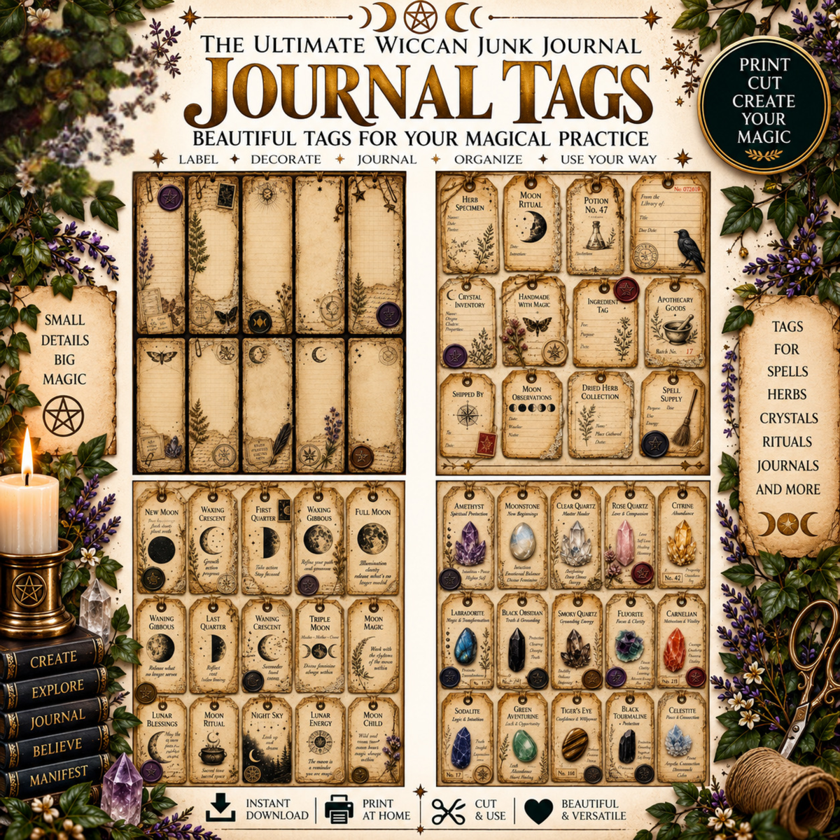 Wiccan Junk Journal Kit Printable, Witch Grimoire Pages, Book of Shadows, Witchcraft Journal, Witch Ephemera, Sabbats, Wheel of the Year