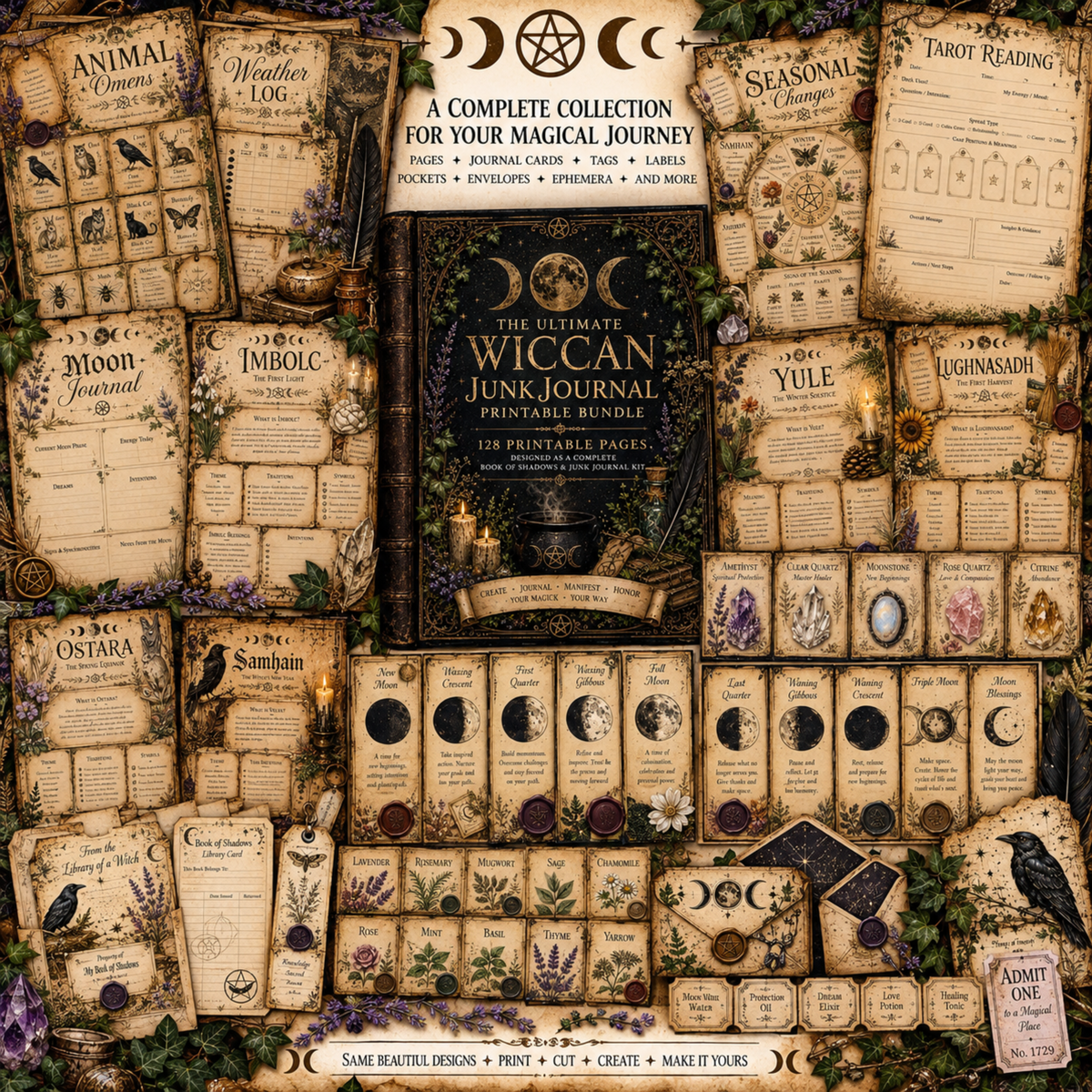 Wiccan Junk Journal Kit Printable, Witch Grimoire Pages, Book of Shadows, Witchcraft Journal, Witch Ephemera, Sabbats, Wheel of the Year