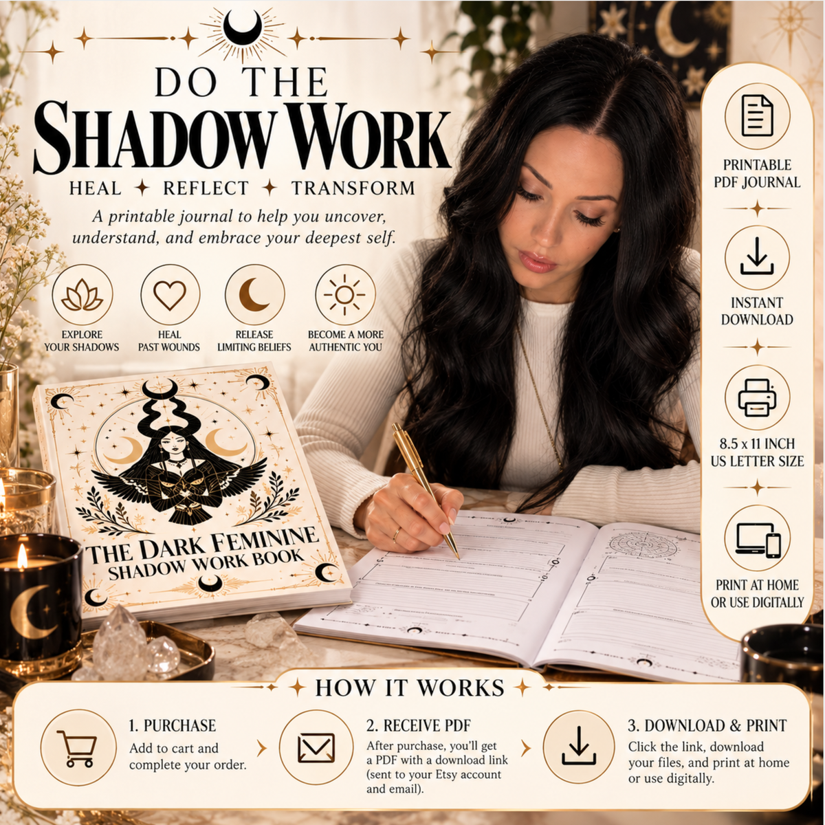 Shadow Work Journal Printable, Dark Feminine Workbook, Journal Prompts, Beginner's Guide, Mental Health Mood Tracker, Emotional Wellness