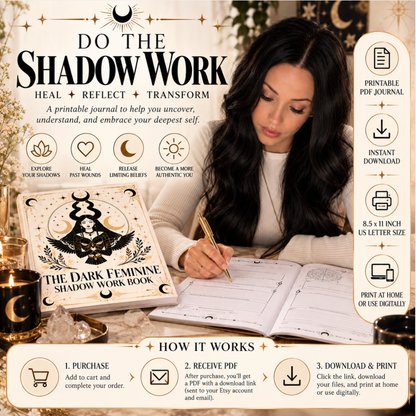 Shadow Work Journal Printable, Dark Feminine Workbook, Journal Prompts, Beginner's Guide, Mental Health Mood Tracker, Emotional Wellness