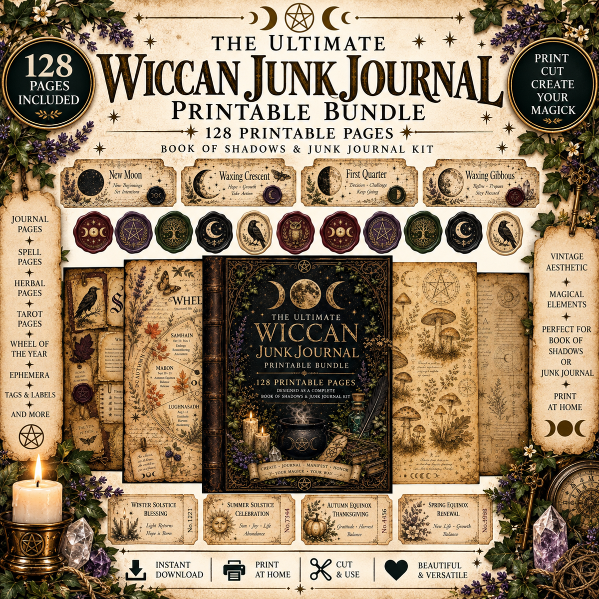 Wiccan Junk Journal Kit Printable, Witch Grimoire Pages, Book of Shadows, Witchcraft Journal, Witch Ephemera, Sabbats, Wheel of the Year