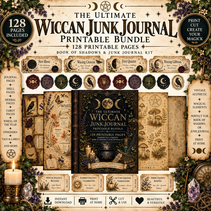 Wiccan Junk Journal Kit Printable, Witch Grimoire Pages, Book of Shadows, Witchcraft Journal, Witch Ephemera, Sabbats, Wheel of the Year