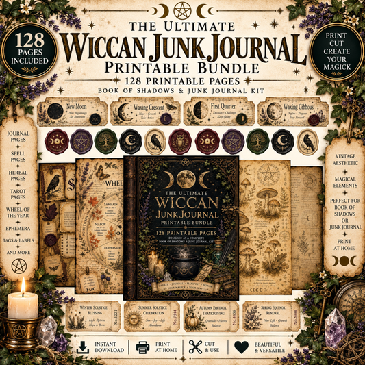 Wiccan Junk Journal Kit Printable, Witch Grimoire Pages, Book of Shadows, Witchcraft Journal, Witch Ephemera, Sabbats, Wheel of the Year