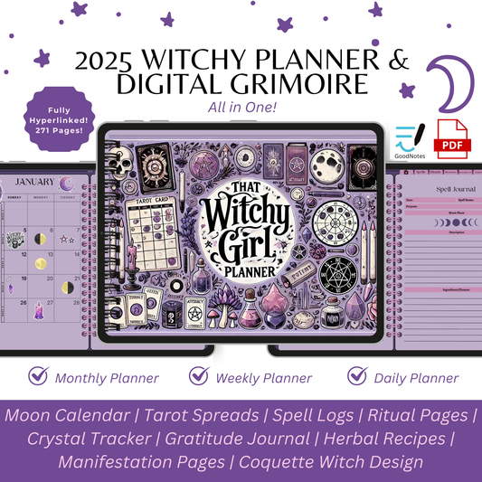 That Witchy Girl Planner & Digital Grimoire / Book Of Shadows, 2025 Digital Planner, Tarot Journal, Spell Book, Moon Journal, Daily/Weekly Planning