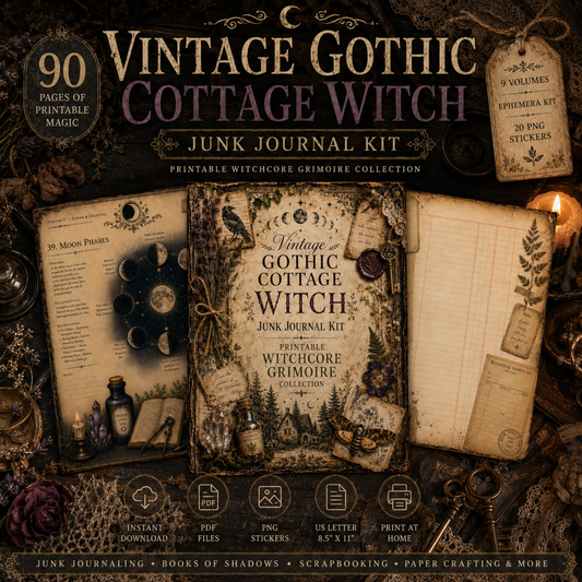 Vintage Witch Junk Journal Kit | 90 Printable Grimoire Pages | Witchcraft Book of Shadows | Gothic Ephemera | Cottagecore Printable l PDF PNG