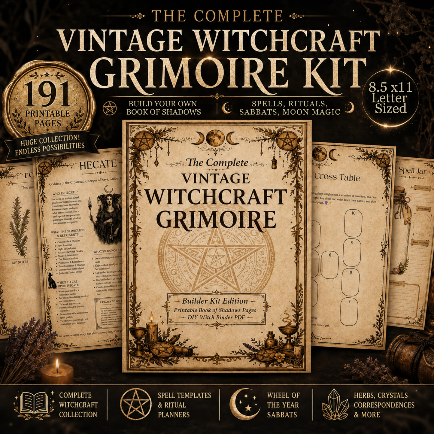 Witchcraft Grimoire Builder | Book of Shadows Printable PDF | Moon Phases, Spells, Spell Jars, Tarot Spreads & Sabbats, Correspondences,
