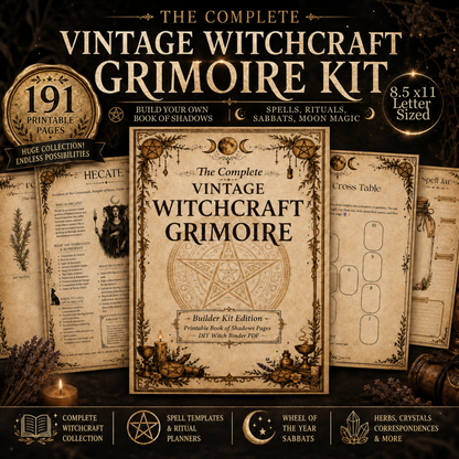 Witchcraft Grimoire Builder | Book of Shadows Printable PDF | Moon Phases, Spells, Spell Jars, Tarot Spreads & Sabbats, Correspondences,