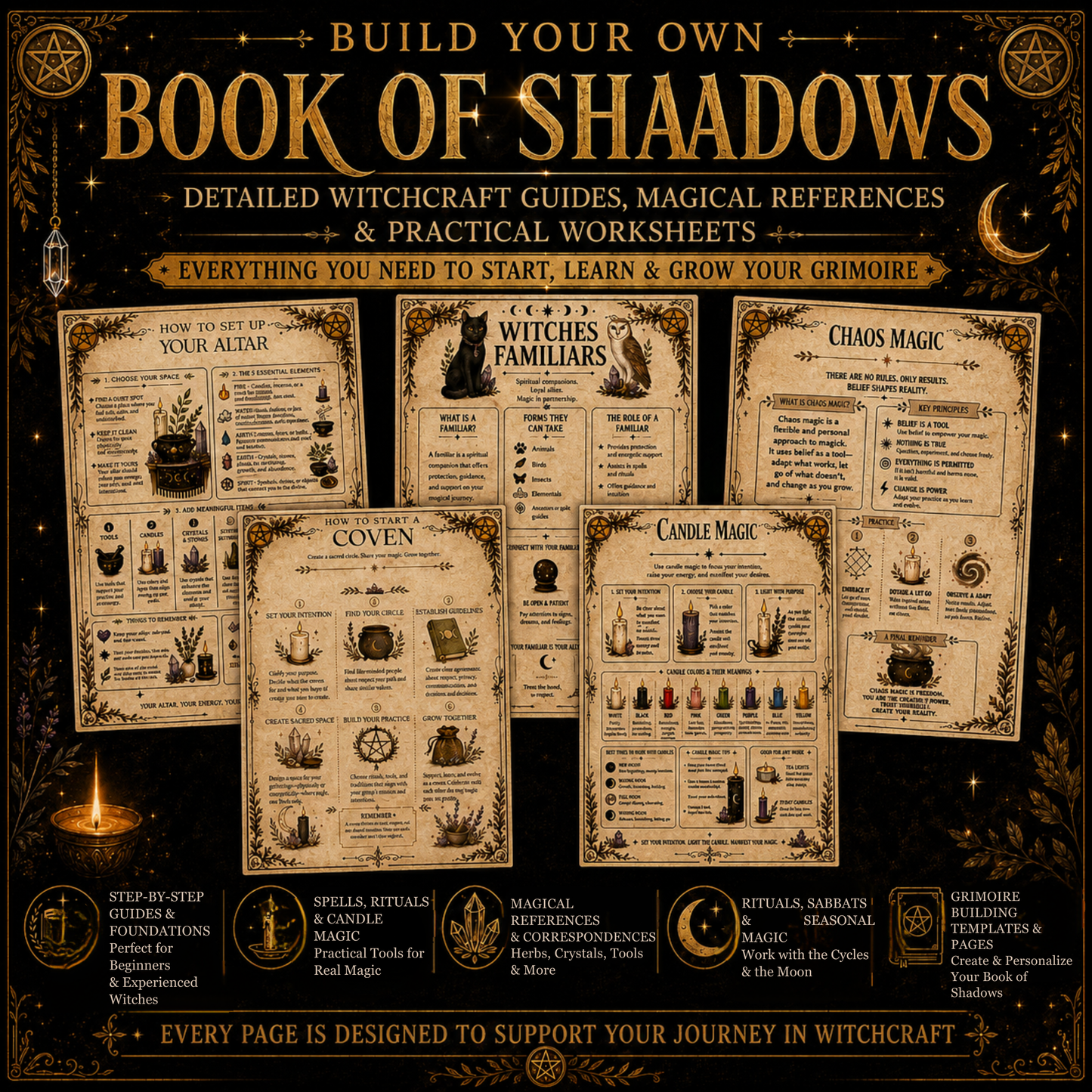 Witchcraft Grimoire Builder | Book of Shadows Printable PDF | Moon Phases, Spells, Spell Jars, Tarot Spreads & Sabbats, Correspondences,