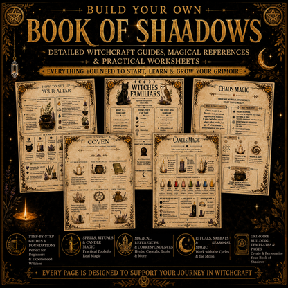 Witchcraft Grimoire Builder | Book of Shadows Printable PDF | Moon Phases, Spells, Spell Jars, Tarot Spreads & Sabbats, Correspondences,