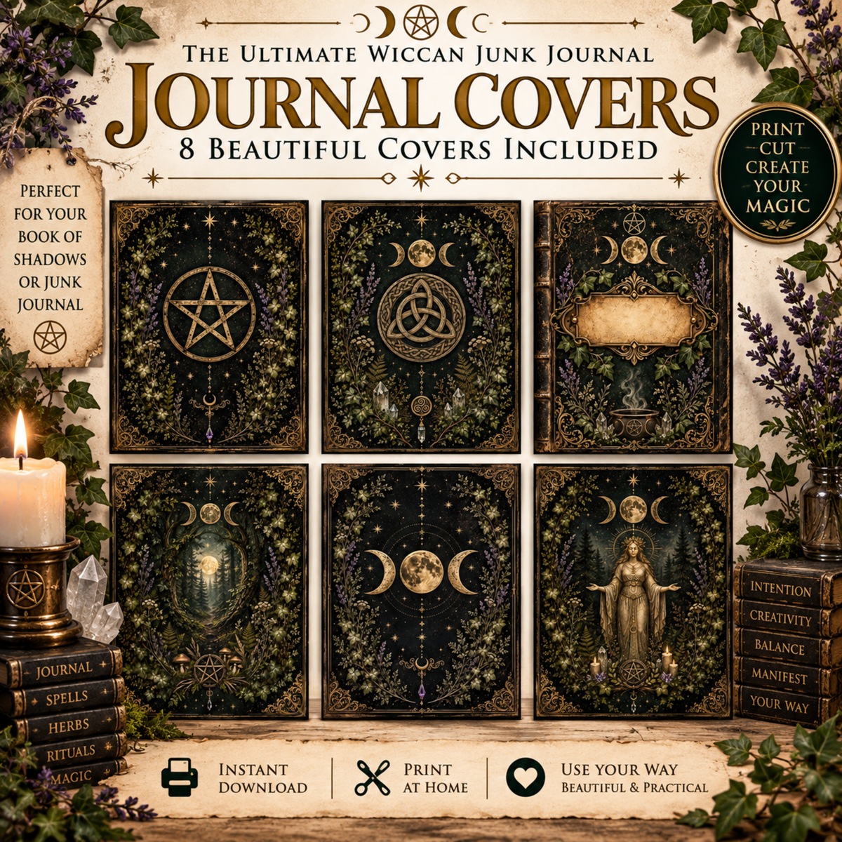 Wiccan Junk Journal Kit Printable, Witch Grimoire Pages, Book of Shadows, Witchcraft Journal, Witch Ephemera, Sabbats, Wheel of the Year