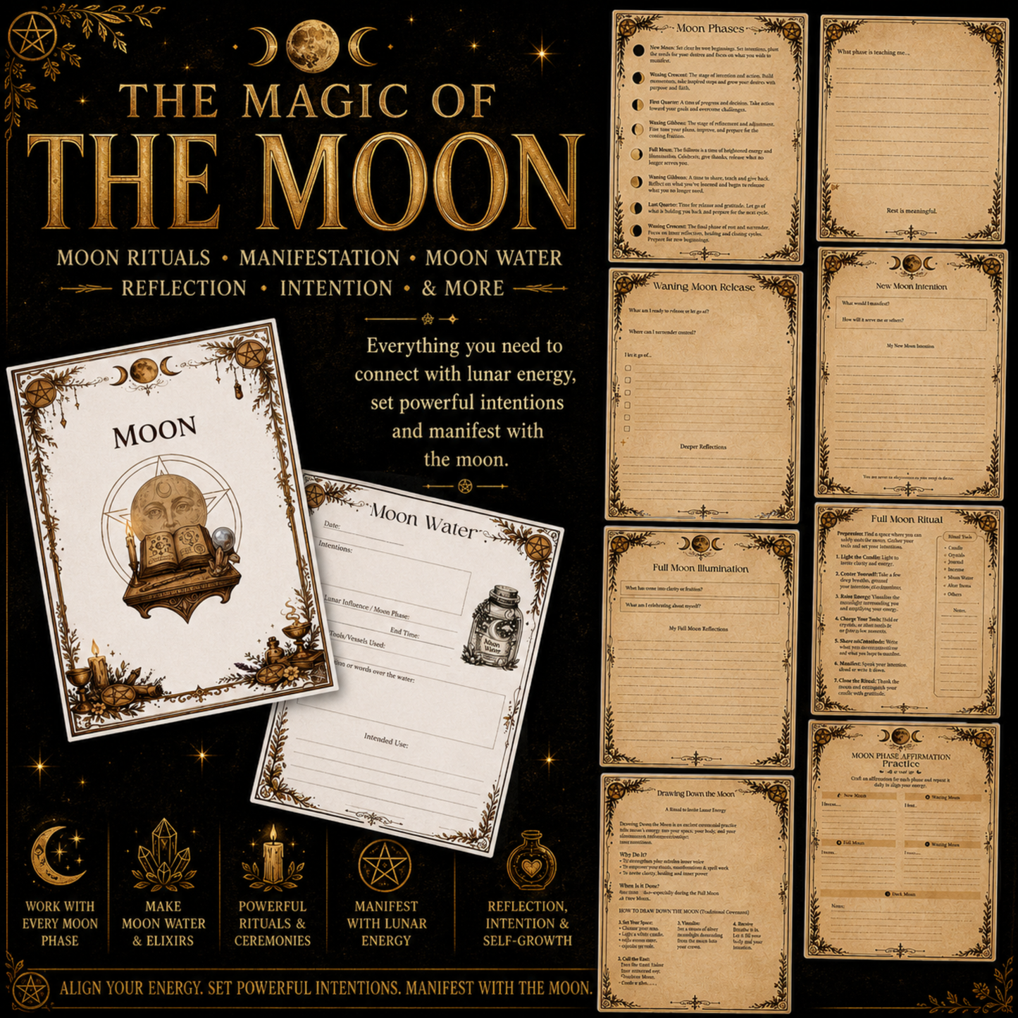 Witchcraft Grimoire Builder | Book of Shadows Printable PDF | Moon Phases, Spells, Spell Jars, Tarot Spreads & Sabbats, Correspondences,
