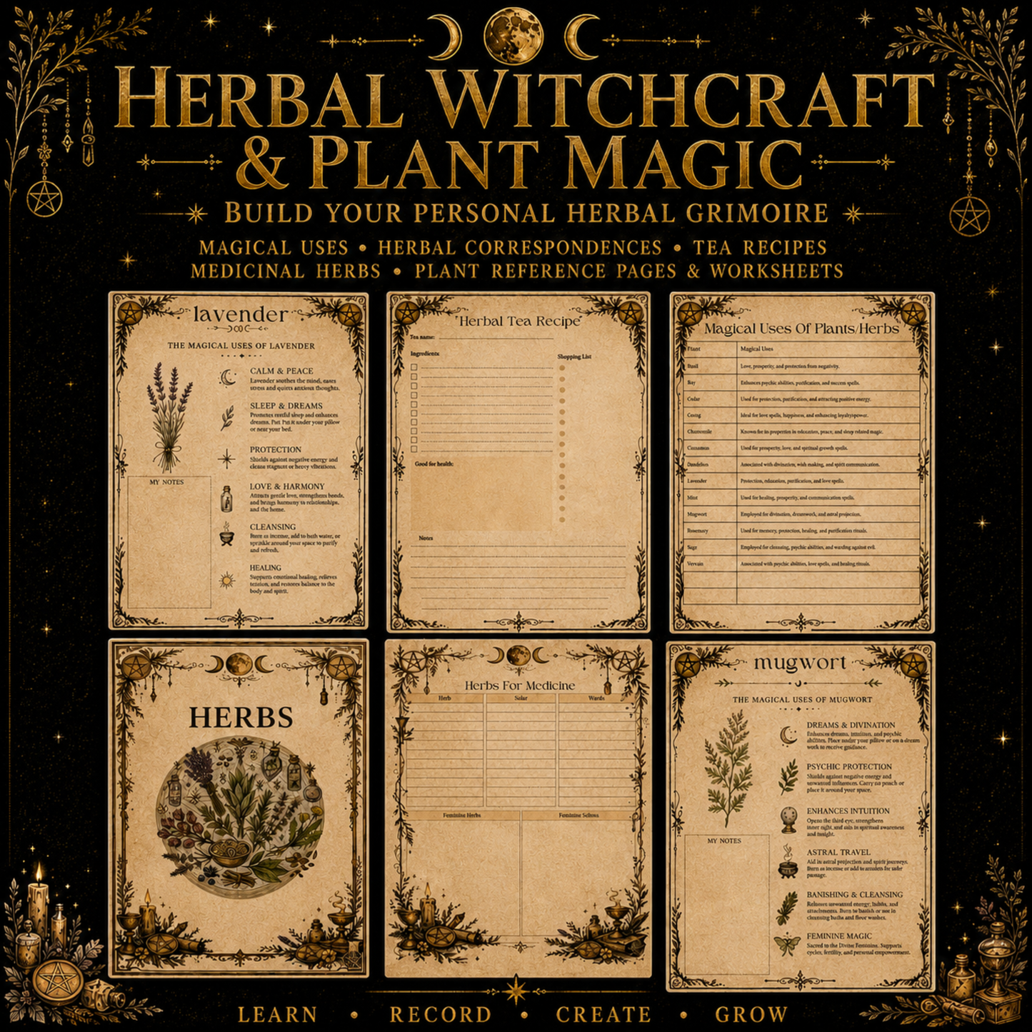 Witchcraft Grimoire Builder | Book of Shadows Printable PDF | Moon Phases, Spells, Spell Jars, Tarot Spreads & Sabbats, Correspondences,