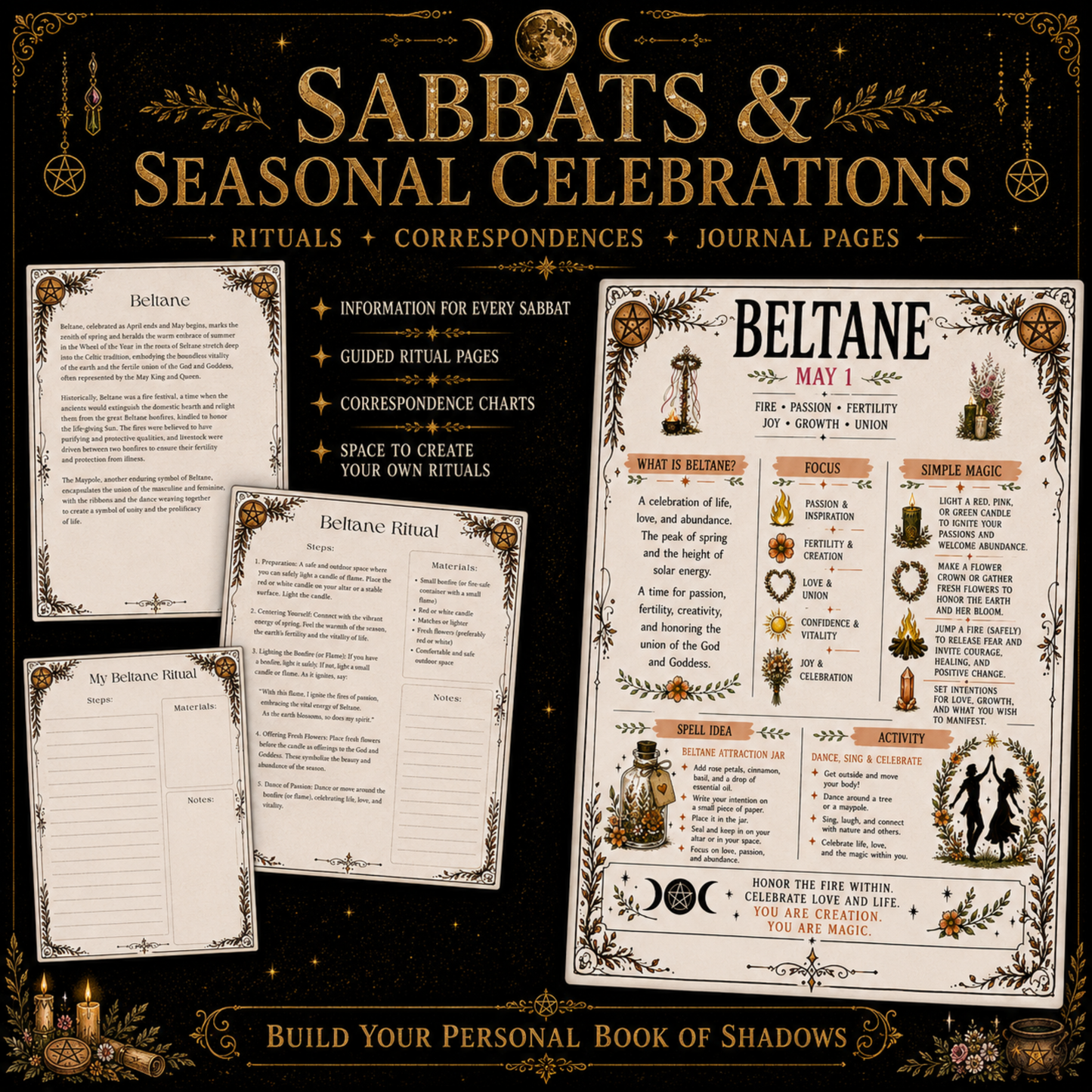 Witchcraft Grimoire Builder | Book of Shadows Printable PDF | Moon Phases, Spells, Spell Jars, Tarot Spreads & Sabbats, Correspondences,