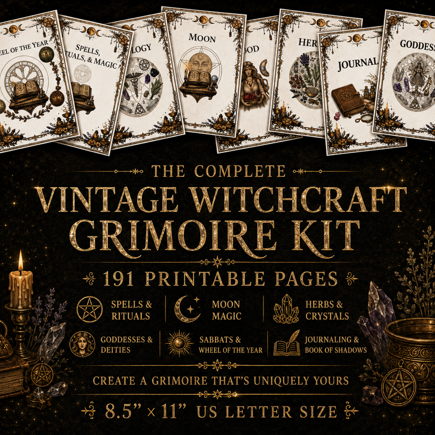 Witchcraft Grimoire Builder | Book of Shadows Printable PDF | Moon Phases, Spells, Spell Jars, Tarot Spreads & Sabbats, Correspondences,