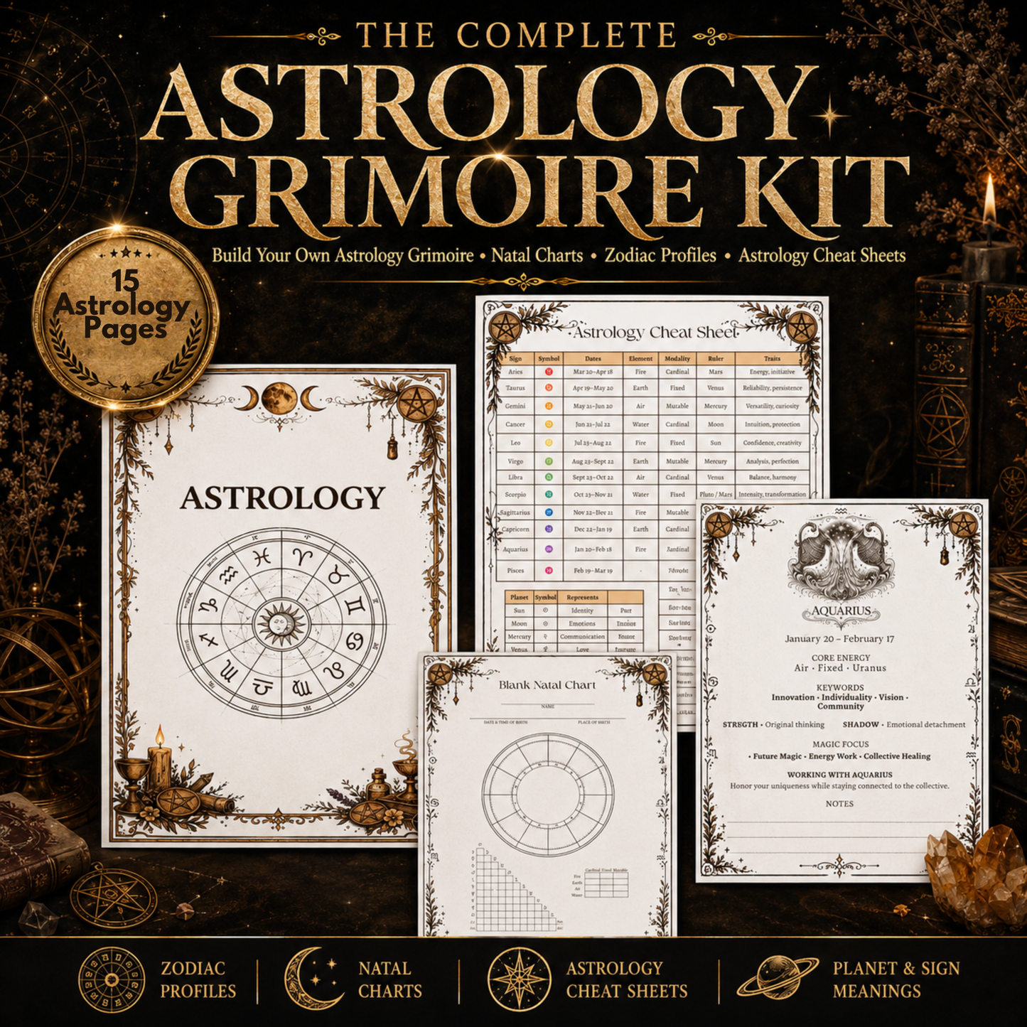 Witchcraft Grimoire Builder | Book of Shadows Printable PDF | Moon Phases, Spells, Spell Jars, Tarot Spreads & Sabbats, Correspondences,