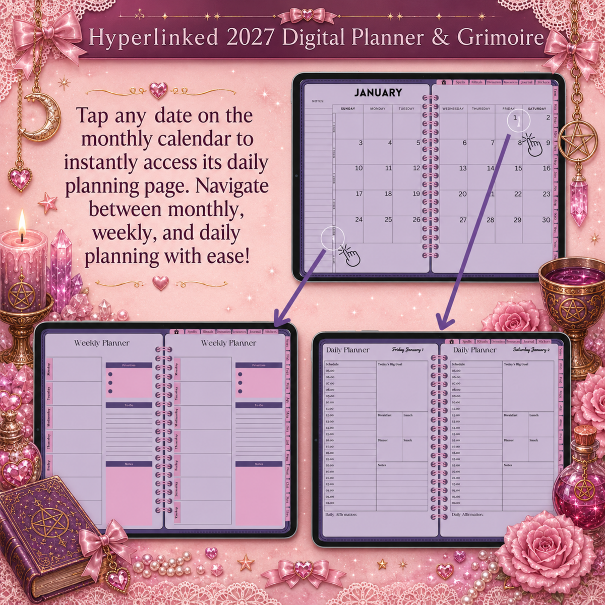 2027 Witchy Digital Planner & GoodNotes Grimoire / Book Of Shadows, Tarot Journal, Spell Book, Moon Manifestation, Daily/Weekly Planning