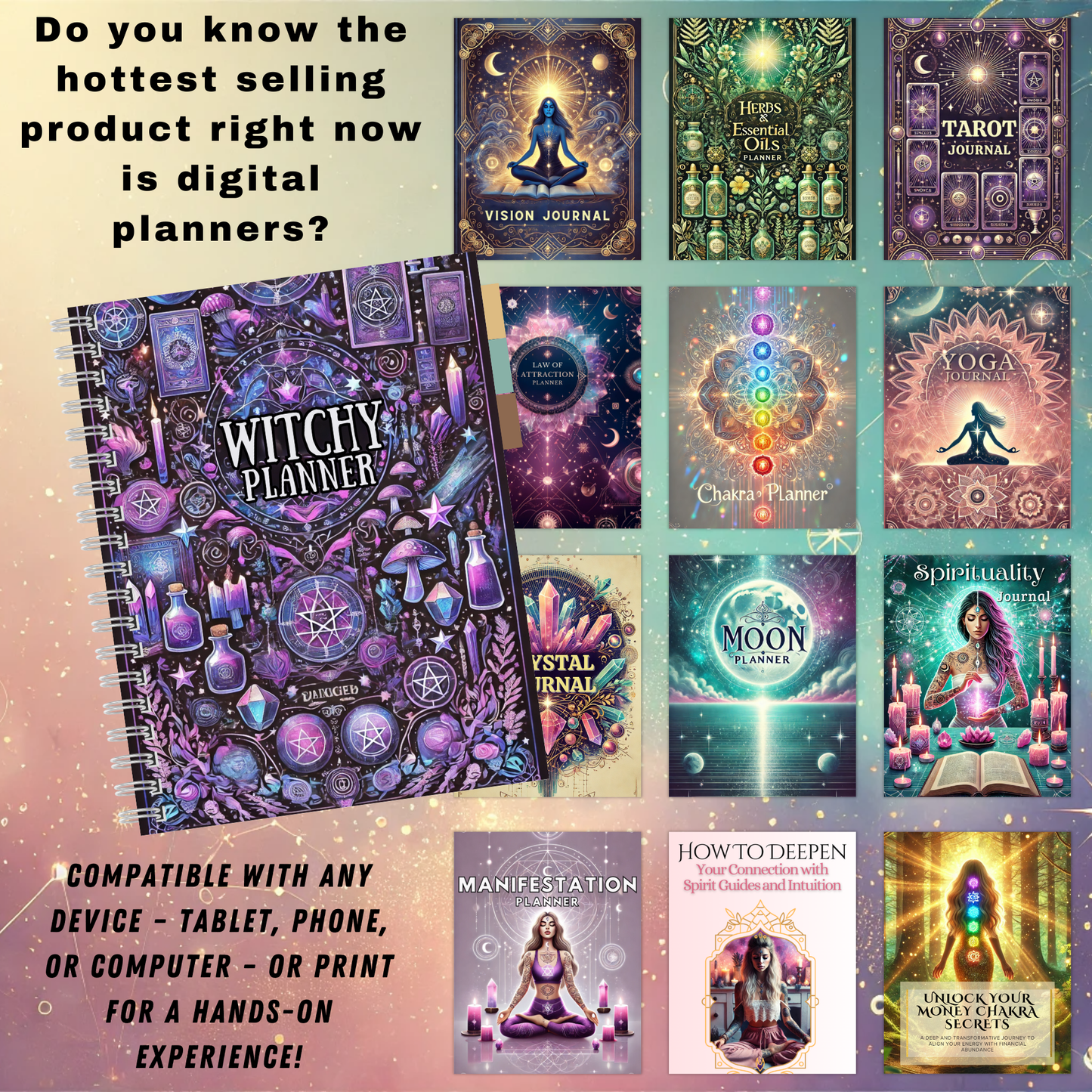 PLR Spiritual Mystic Planners Bundle, Passive Income, Spiritual Business, Tarot Journal, MRR, Editable Canva Witchy Planner, Grimoire