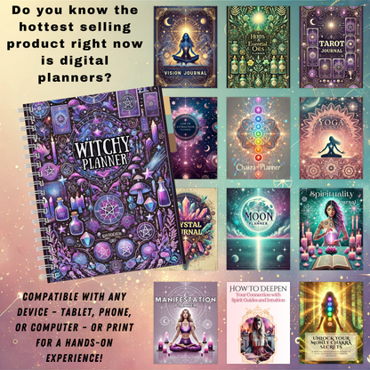 PLR Spiritual Mystic Planners Bundle, Passive Income, Spiritual Business, Tarot Journal, MRR, Editable Canva Witchy Planner, Grimoire