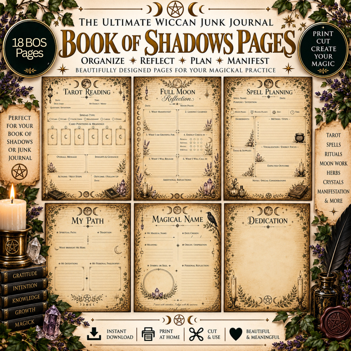 Wiccan Junk Journal Kit Printable, Witch Grimoire Pages, Book of Shadows, Witchcraft Journal, Witch Ephemera, Sabbats, Wheel of the Year