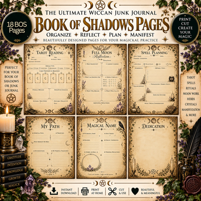 Wiccan Junk Journal Kit Printable, Witch Grimoire Pages, Book of Shadows, Witchcraft Journal, Witch Ephemera, Sabbats, Wheel of the Year