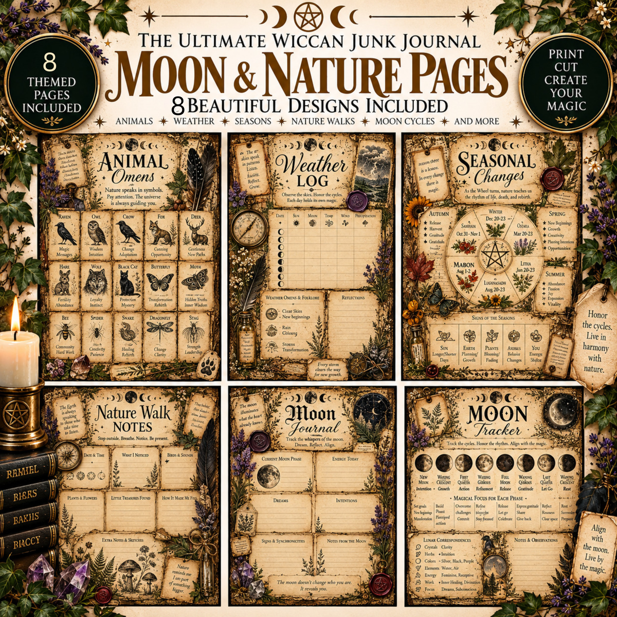 Wiccan Junk Journal Kit Printable, Witch Grimoire Pages, Book of Shadows, Witchcraft Journal, Witch Ephemera, Sabbats, Wheel of the Year