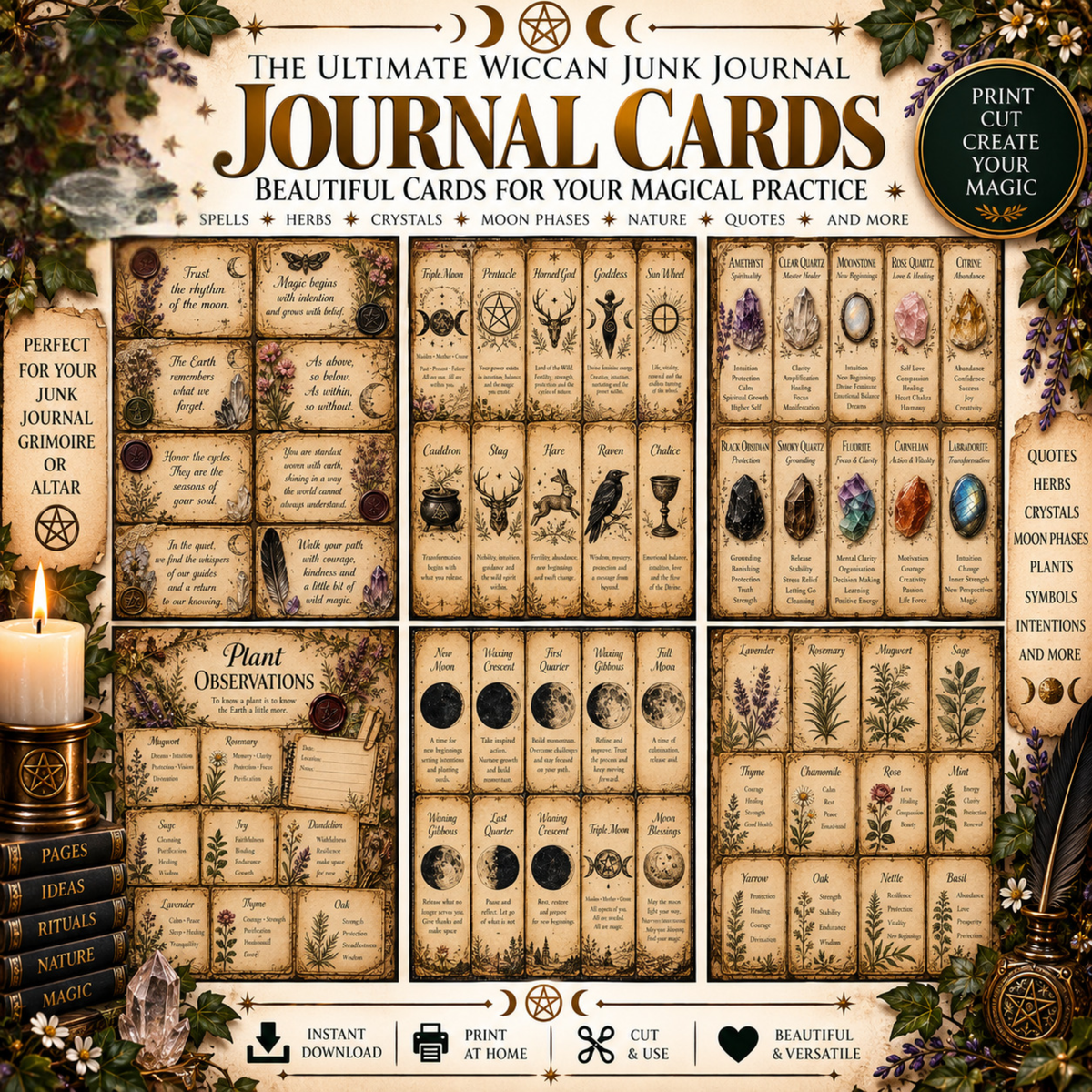 Wiccan Junk Journal Kit Printable, Witch Grimoire Pages, Book of Shadows, Witchcraft Journal, Witch Ephemera, Sabbats, Wheel of the Year