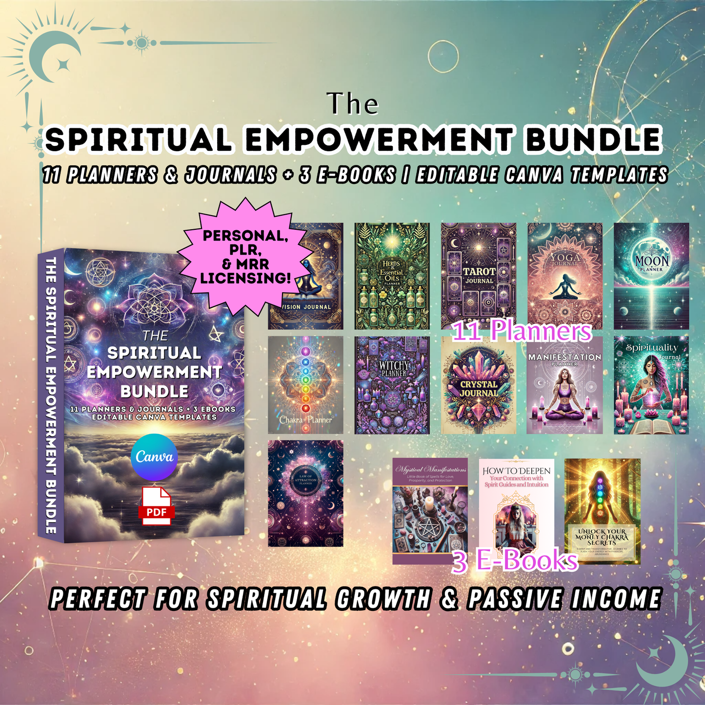 PLR Spiritual Mystic Planners Bundle, Passive Income, Spiritual Business, Tarot Journal, MRR, Editable Canva Witchy Planner, Grimoire